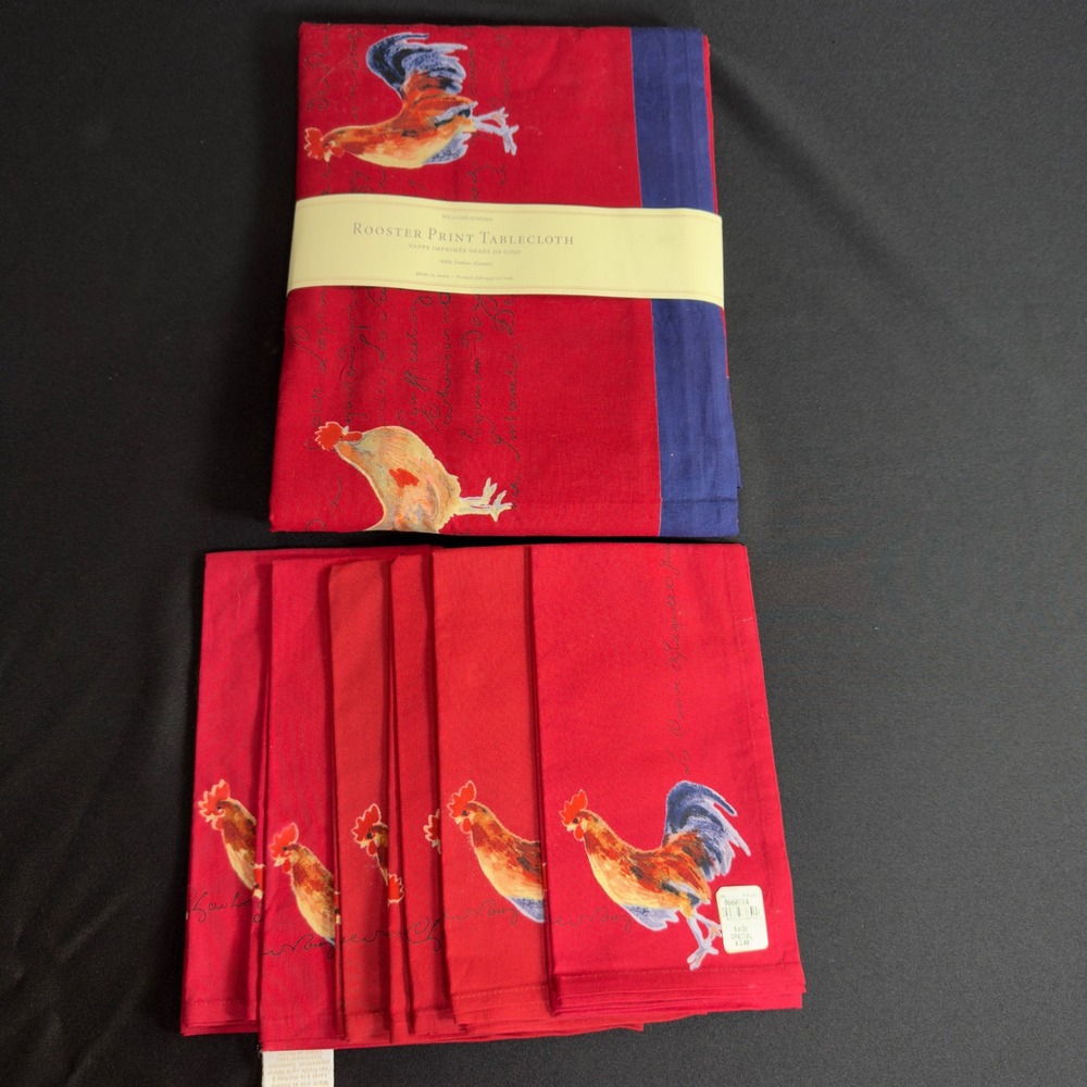 NOS Williams Sonoma Rooster Print Tablecloth 70x108 & 6 Napkins Farm Cottagecore